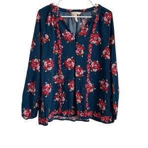 Matilda Jane Dark Teal Navy and Red Floral Blouse Size Large Women’s Top Flowy